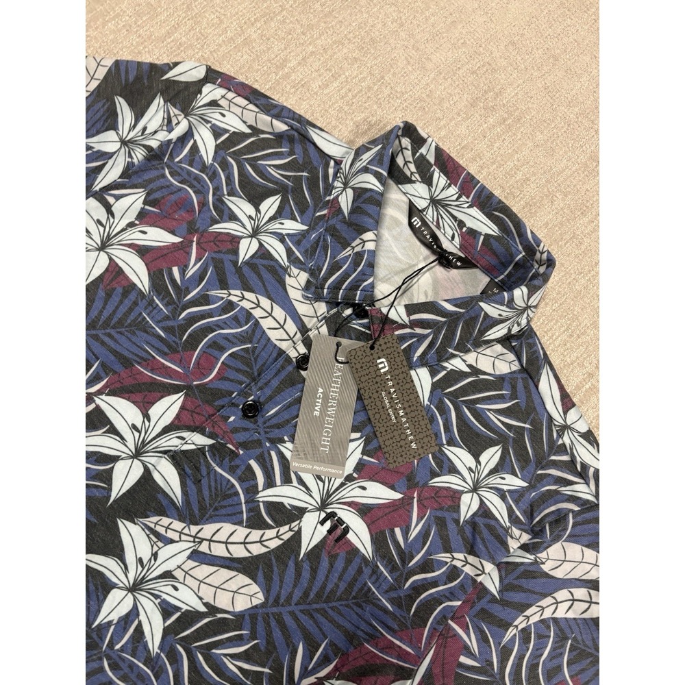 NEW Travis Mathew Featherweight Open Bay Polo Shirt Blue Floral Mens Medium NWT